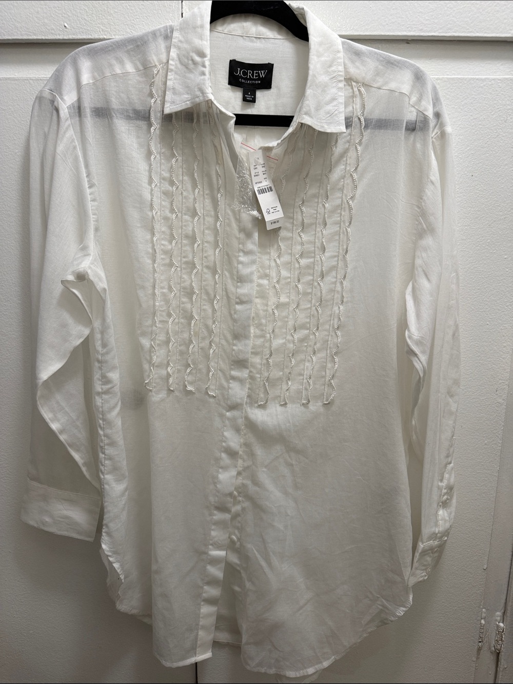 J.Crew Collection white sheer organic cotton Beaded scalloped Tuxedo Shirt NWT 4